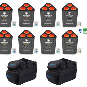 8) Rockville RockWedge LED RGBWA+UV Rechargeable Battery Wireless DMX Lights+Bag