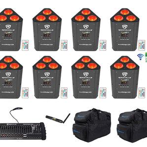 8) Rockville RockWedge LED RGBWA+UV Rechargeable Wireless DMX Lights+Control+Bag