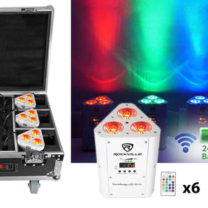 Rockville ROCKWEDGE PACKAGE WHITE (6) Battery Powered Wireless DMX Lights+Case