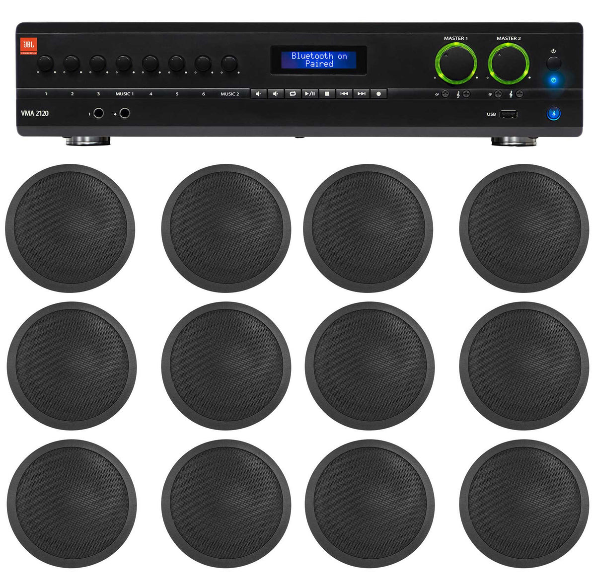 JBL 2-Channel Amp+(12) Black 6" Ceiling Speakers For Restaurant/Bar/Office/Cafe