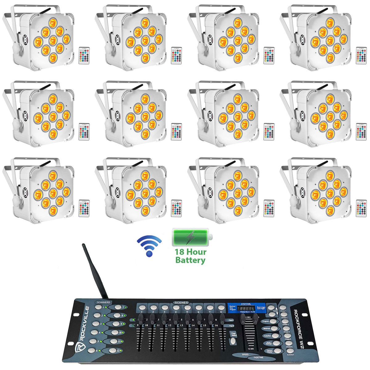 (12) BEST PAR 60 White Rechargeable Wash Lights+ROCKFORCE W2 Controller