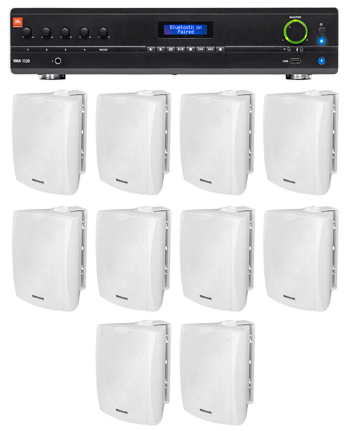 JBL VMA1120 Commercial/Restaurant 70v Mixer/Amplifier+(10) White Wall Speakers