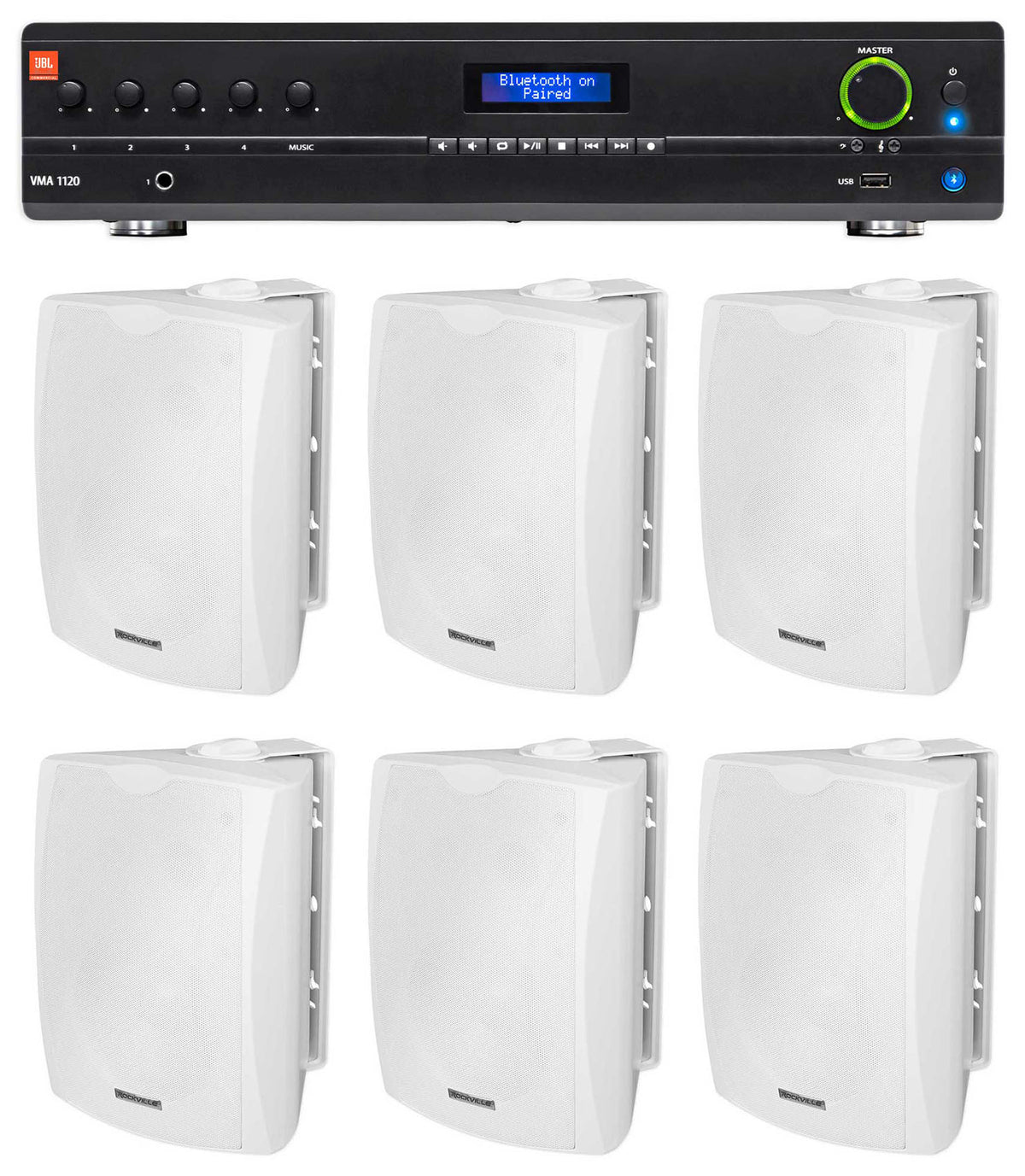 JBL VMA1120 Commercial/Restaurant 70v Mixer/Amplifier+(6) White Wall Speakers