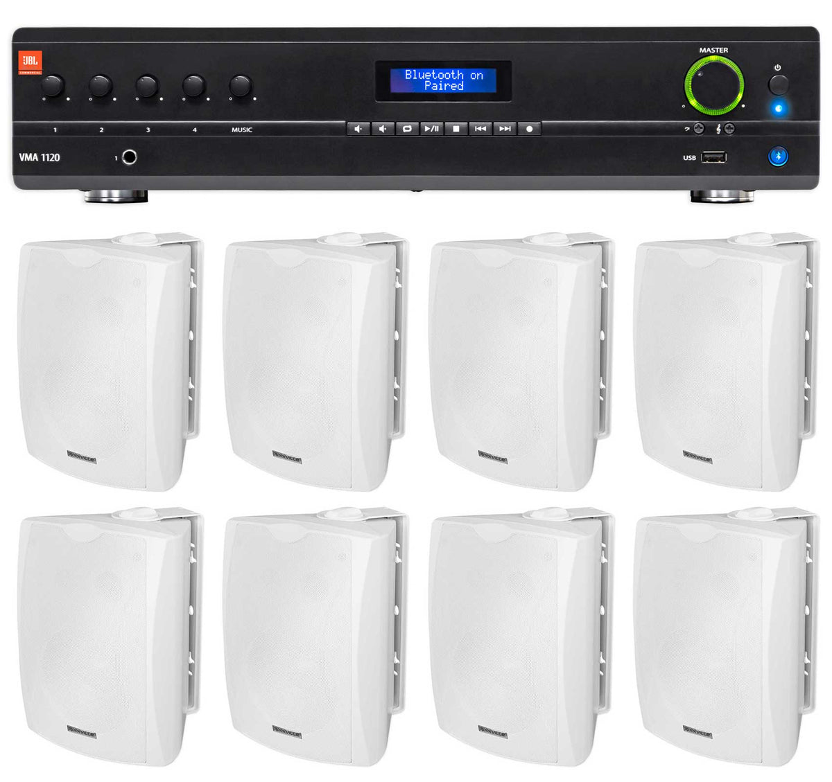 JBL VMA1120 Commercial/Restaurant 70v Mixer/Amplifier+(8) White Wall Speakers