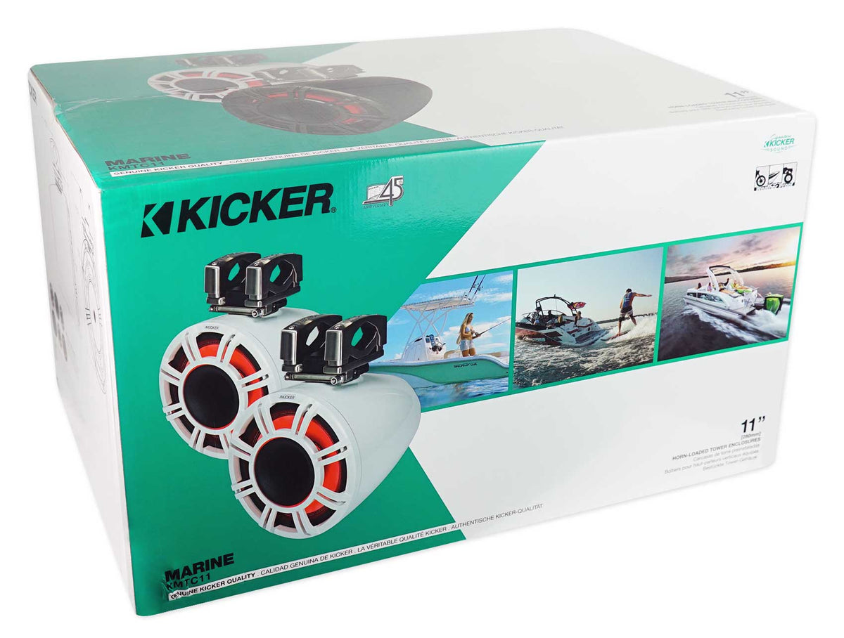 Pair Kicker KMTC11 HLCD 11" 600w White Wakeboard Tower Speakers w/Horns 44KMTC114W