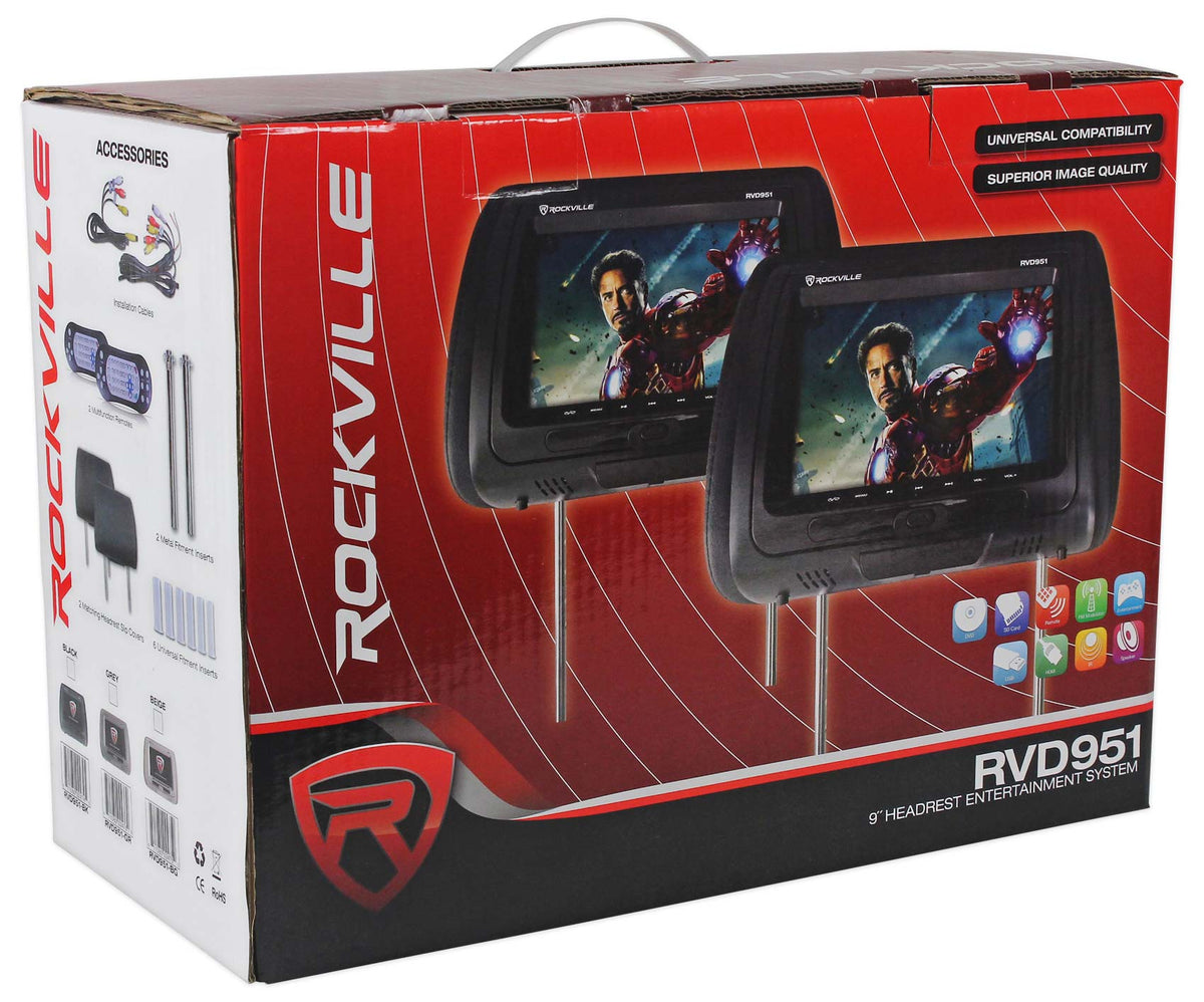 Rockville RVD951-BK 9” Black Dual DVD/USB/HDMI/SD Car Headrest Monitors + Games