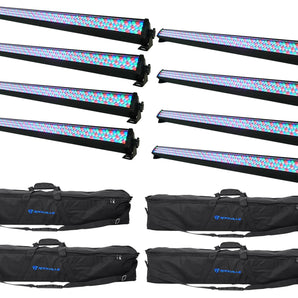 (8) Rockville ROCKSTRIP 252 LED DMX RGB Color Strip DJ Wash Up Light Bars+Bags