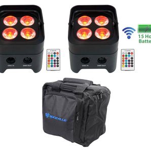 (2) Rockville BEST PAR 50 Rechargeable Par Wash Lights Wireless DMX+RGBWA+UV+Bag