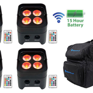 (4) Rockville BEST PAR 50 Rechargeable Par Wash Lights Wireless DMX+RGBWA+UV+Bag