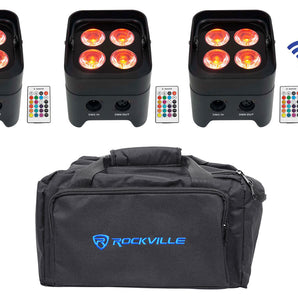 (3) Rockville BEST PAR 50 Rechargeable Par Wash Lights Wireless DMX+RGBWA+UV+Bag