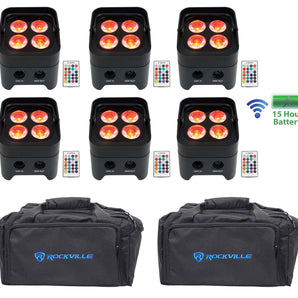 (6) Rockville BEST PAR 50 Rechargeable Par Wash Lights Wireless DMX+RGBWA+UV+Bag