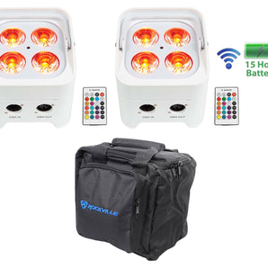 2) Rockville BEST PAR 50 White Rechargeable Par Lights Wireless DMX+RGBWA+UV+Bag