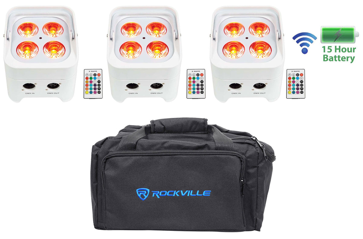 (3) BEST PAR 50 White Rechargeable Par Lights Wireless DMX+RGBWA+UV+Bag