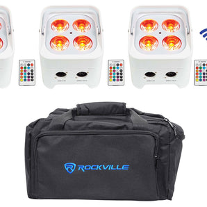 3) Rockville BEST PAR 50 White Rechargeable Par Lights Wireless DMX+RGBWA+UV+Bag