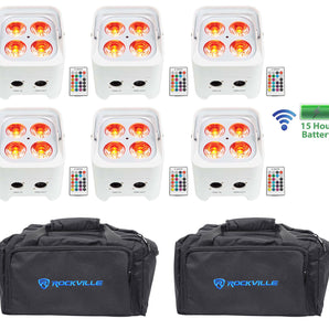 6) Rockville BEST PAR 50 White Rechargeable Par Lights Wireless DMX+RGBWA+UV+Bag