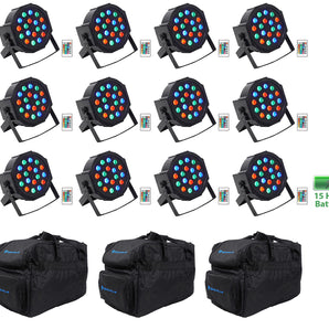 12) Rockville BATTERY PAR 50 Rechargeable LED DMX DJ Wash Up-Lights+Remotes+Bags