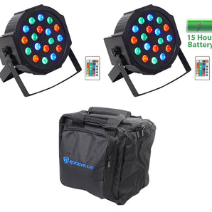 (2) Rockville BATTERY PAR 50 Rechargeable LED DMX DJ Wash Up-Lights+Remotes+Bag