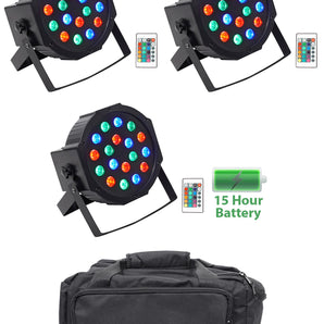 (3) Rockville BATTERY PAR 50 Rechargeable LED DMX DJ Wash Up-Lights+Remotes+Bag