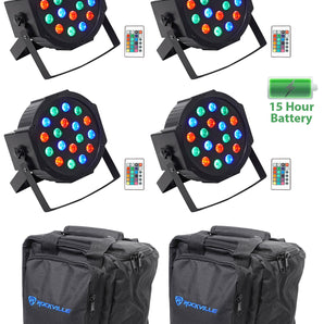 (4) Rockville BATTERY PAR 50 Rechargeable LED DMX DJ Wash Up-Lights+Remotes+Bags