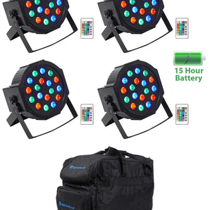 (4) Rockville BATTERY PAR 50 Rechargeable LED DMX DJ Wash Up-Lights+Remotes+Bag