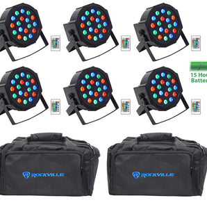 (6) Rockville BATTERY PAR 50 Rechargeable LED DMX DJ Wash Up-Lights+Remotes+Bags