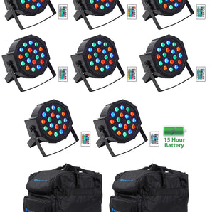 (8) Rockville BATTERY PAR 50 Rechargeable LED DMX DJ Wash Up-Lights+Remotes+Bags