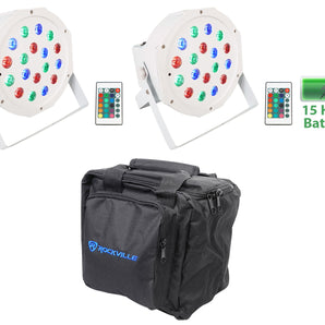 (2) Rockville BATTERY PAR 50 White Rechargeable LED DMX DJ Wash Up-Lights+Bag