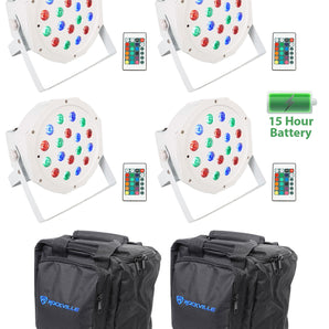 (4) Rockville BATTERY PAR 50 White Rechargeable LED DMX DJ Wash Up-Lights+Bags