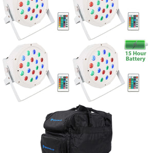 (4) Rockville BATTERY PAR 50 White Rechargeable LED DMX DJ Wash Up-Lights+Bag