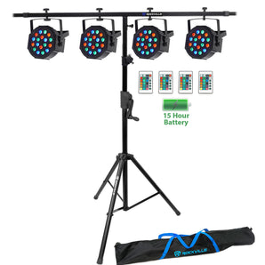 (4) Rockville BATTERY PAR 50 Rechargeable LED DMX DJ Wash Lights+Crank Stand