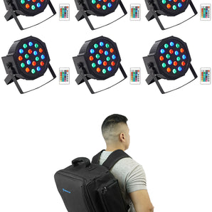 (6) Rockville BATTERY PAR 50 Rechargeable DJ DMX Wash Up-Lights+Remote+Backpack