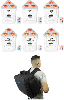 (6) RockWedge LED RGBWA+UV White Wireless DMX Battery Lights+Backpack