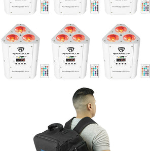 (6) Rockville RockWedge LED RGBWA+UV White Wireless DMX Battery Lights+Backpack