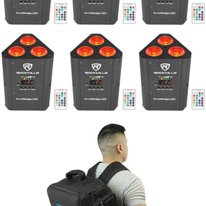 6 Rockville RockWedge LED 54w RGBWA+UV Rechargeable Wireless DMX Lights+Backpack