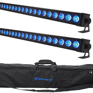 2) Rockville BATTERY STRIP 24 Rechargeable RGBW DMX DJ Wash Light Bars+Carry Bag