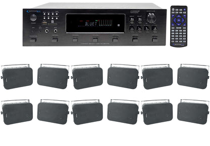 H12X500UBT 6-Zone Receiver + (12) Black 6.5 In Outdoor/Indoor Speakers For Restaurant/Bar