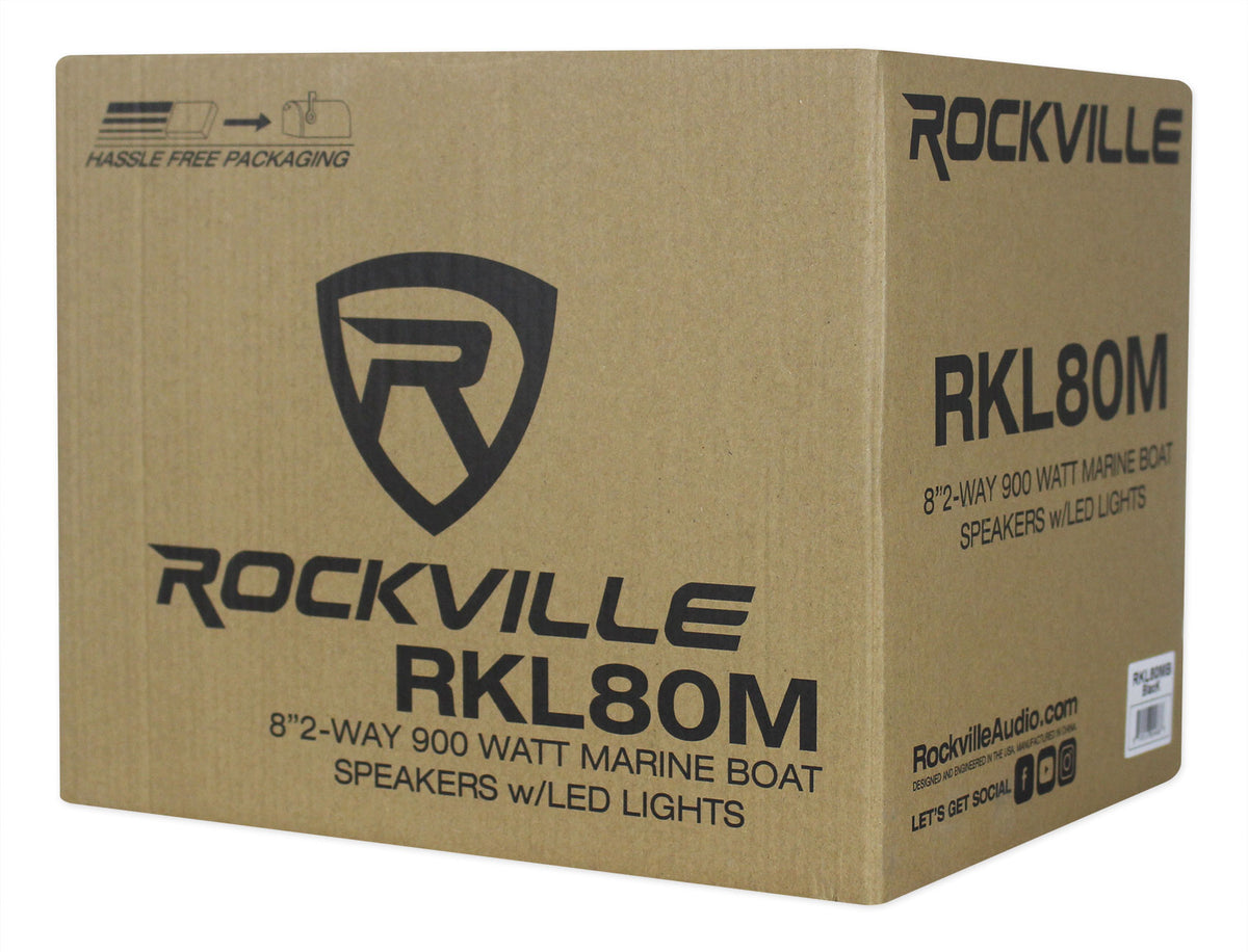 Pair Rockville RKL80MB 8" 900 Watt Black 2-Way Marine Boat Speakers w/LED's