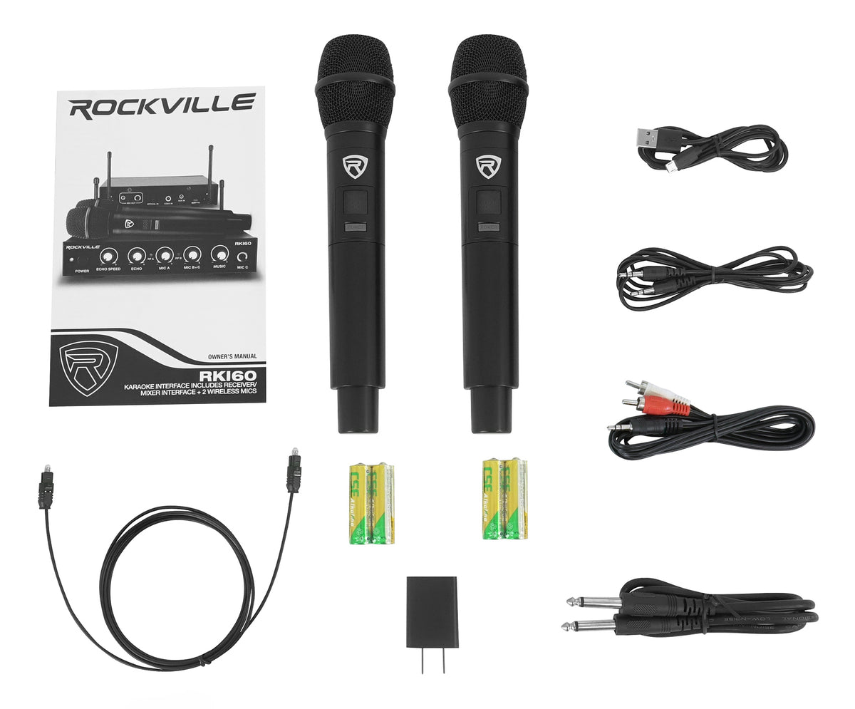 Rockville RKI60 Dual UHF 8 Chan Wireless Microphone Karaoke Interface and Mic Mixer