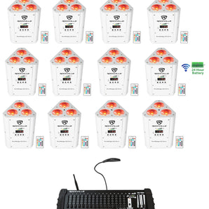 12) Rockville RockWedge White LED Battery Lights+384 Ch. Wireless DMX Controller