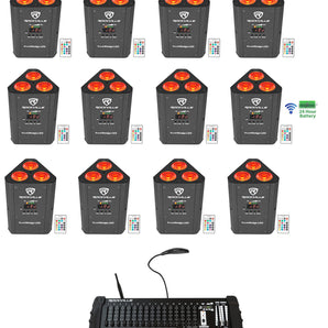 12) Rockville RockWedge LED Battery Lights+384 Channel Wireless DMX Controller