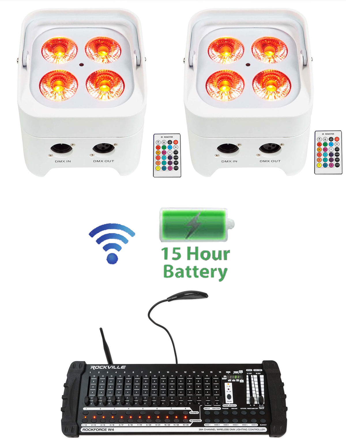 (2) BEST PAR 50 Battery Wash Lights Wireless DMX+384 Channel Controller