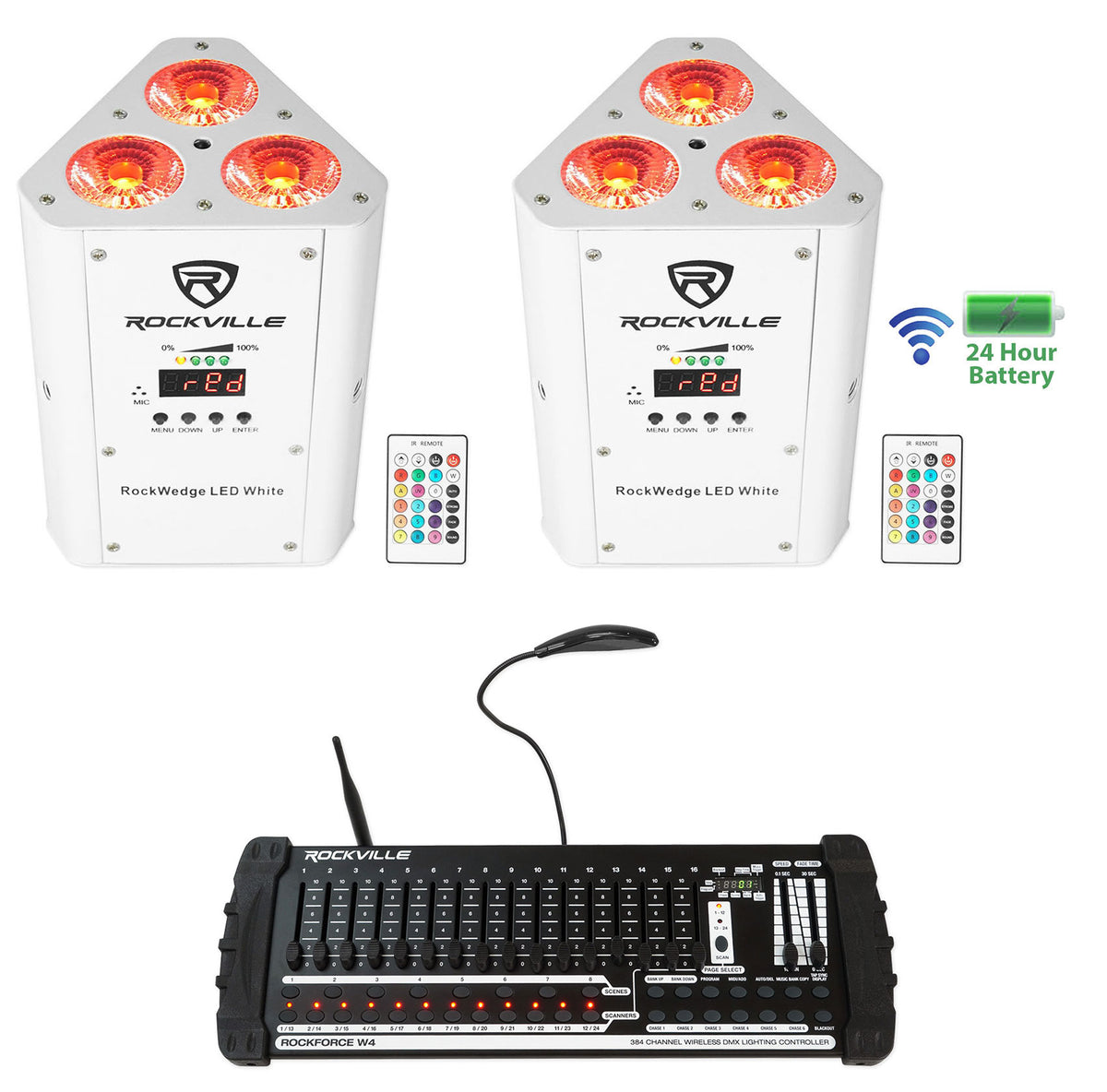 RockWedge LED White 2-Pack + ROCKFORCE W4 Controller Bundle