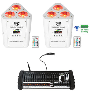 (2) Rockville RockWedge White LED Battery Lights+384 Ch. Wireless DMX Controller