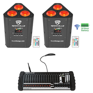 (2) Rockville RockWedge LED Battery Lights+384 Channel Wireless DMX Controller