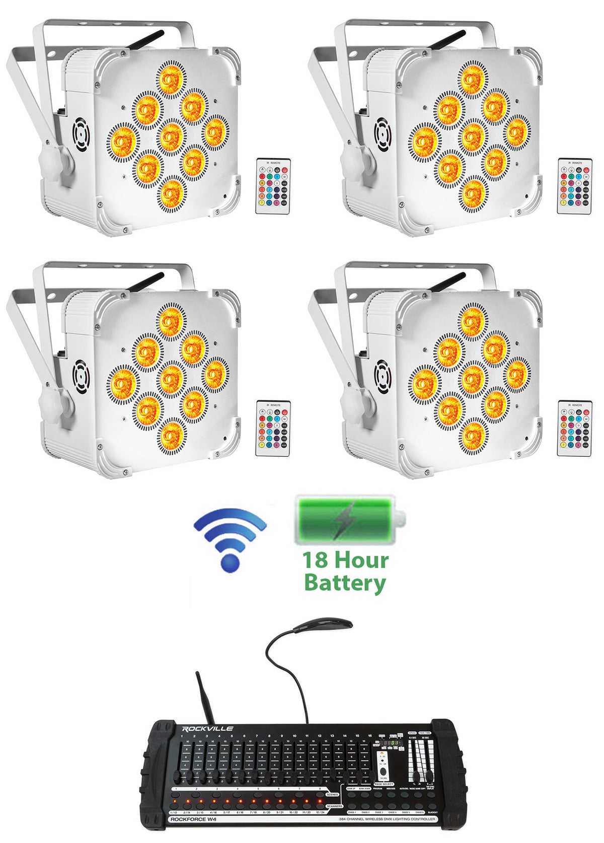 (4) BEST PAR 60 Battery Wash Lights Wireless DMX+384 Channel Controller