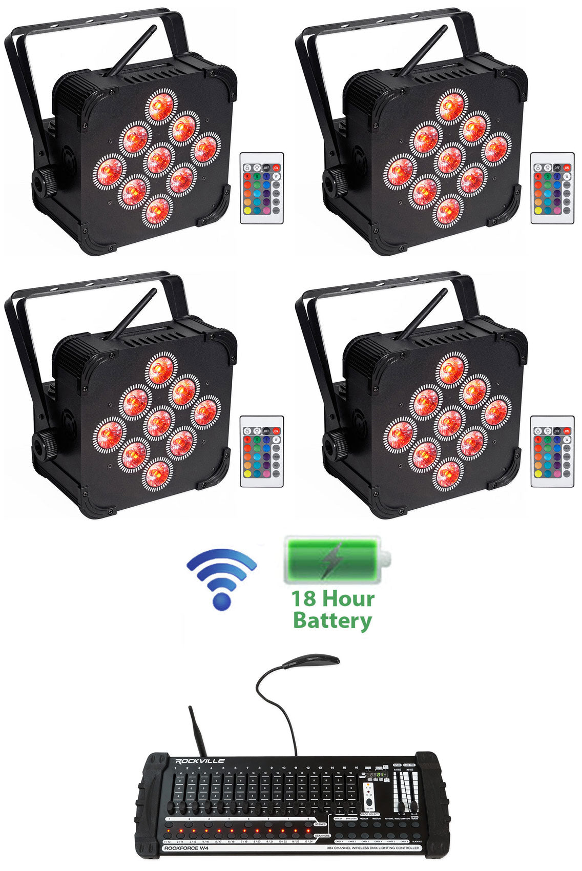 (4) BEST PAR 60 Battery Wash Lights Wireless DMX+384 Ch. Controller
