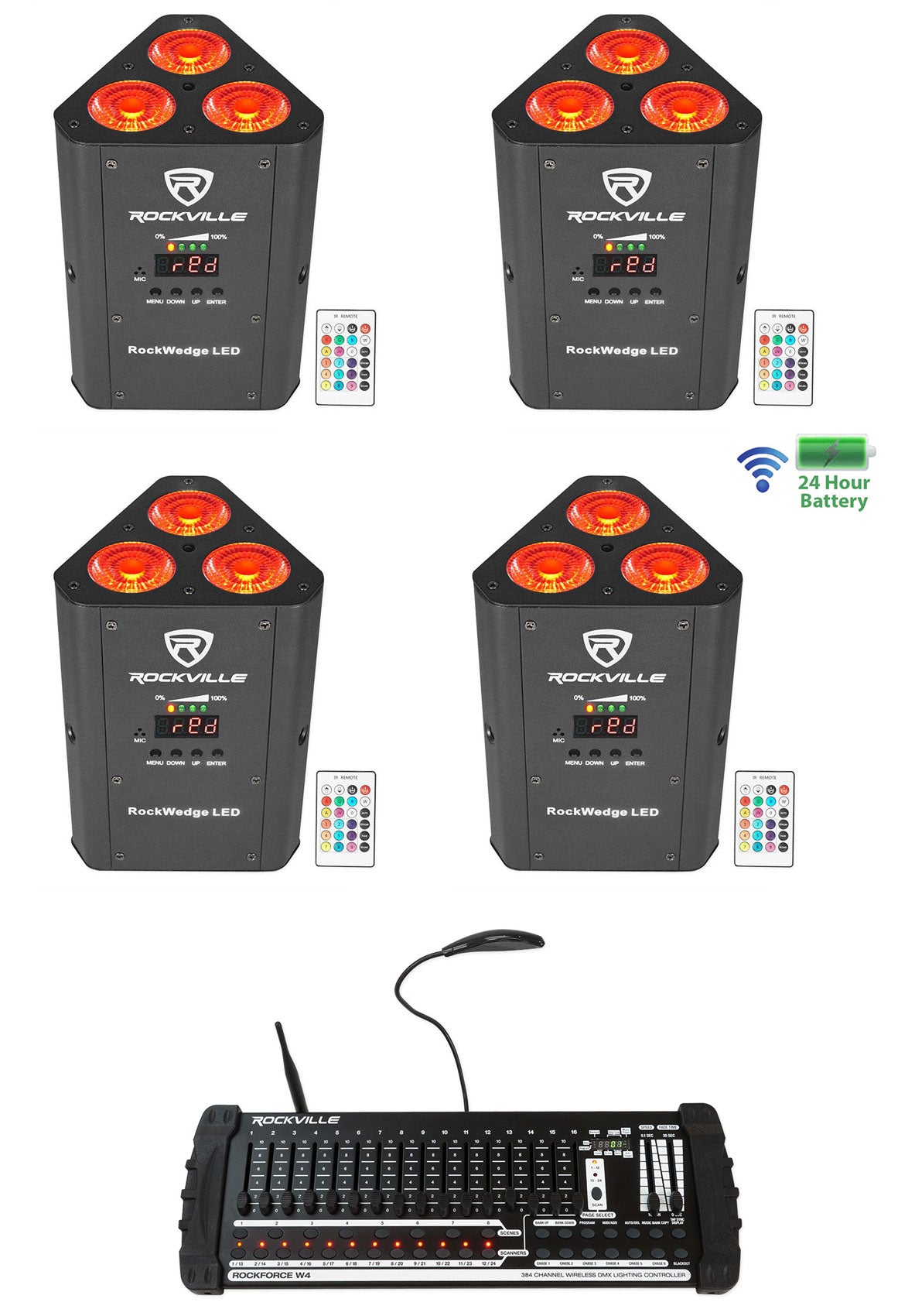 (4) RockWedge LED Battery Lights+384 Ch Wireless DMX Controller