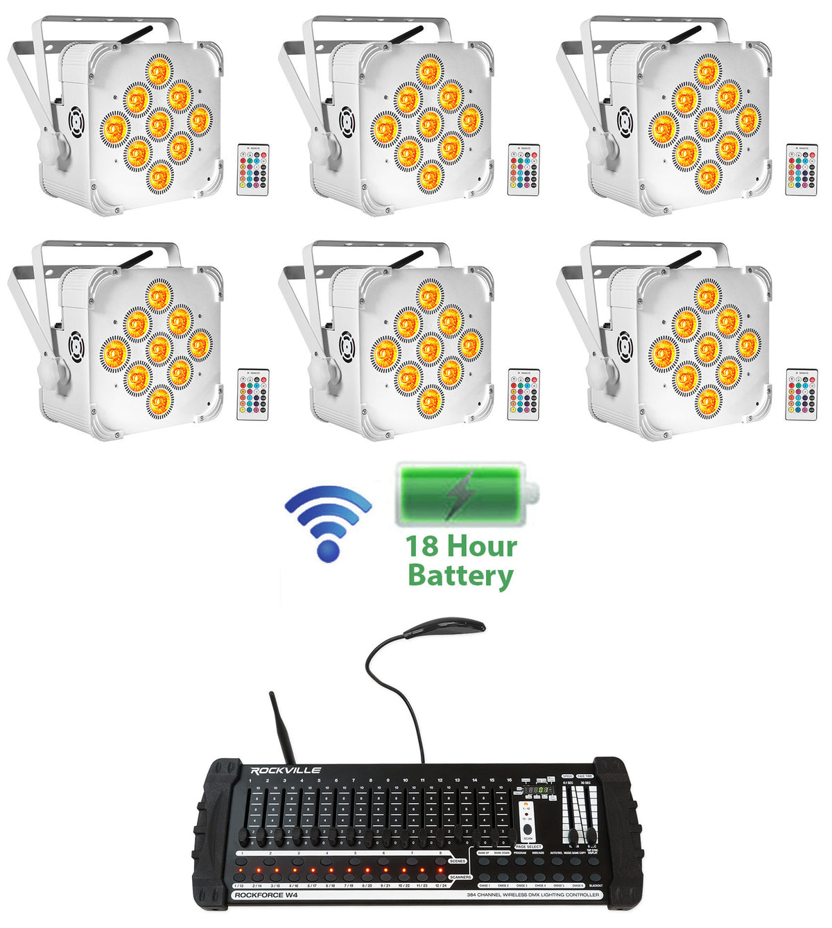 6 BEST PAR 60 White Battery Wash Lights Wireless DMX + 384 Ch. Controller