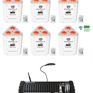 (6) Rockville RockWedge White LED Battery Lights+384 Ch. Wireless DMX Controller