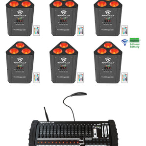 (6) Rockville RockWedge LED Battery Lights+384 Channel Wireless DMX Controller
